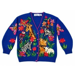 Vintage BellePointe XL Jungle Animal Cardigan 90s Beaded Novelty Sweater